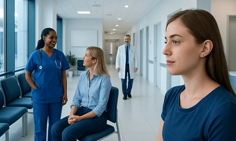 Healthcare professionals and patient in hospital corridor at Acibadem Hospitals Group.