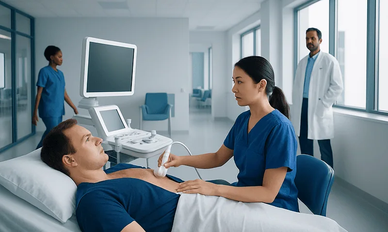 Patient undergoing transthoracic echocardiogram in hospital.