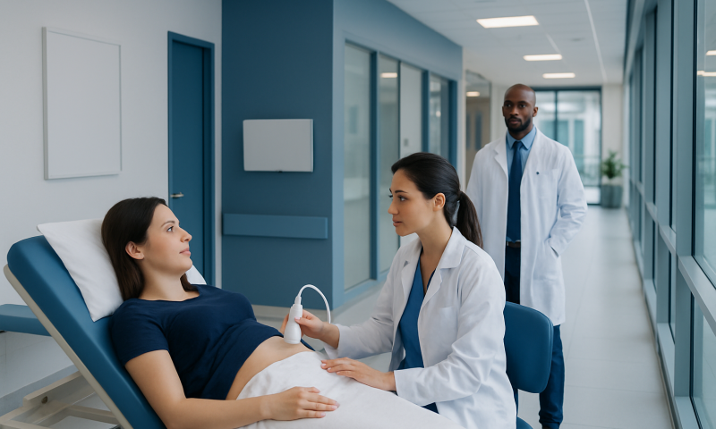 Doctor performing ultrasound on pregnant woman in hospital corridor.
