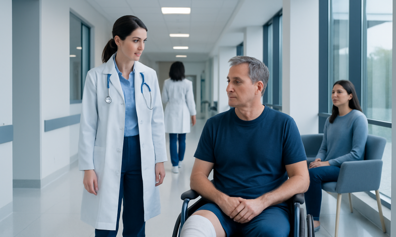 Doctor consulting a patient with a leg injury in a hospital corridor.