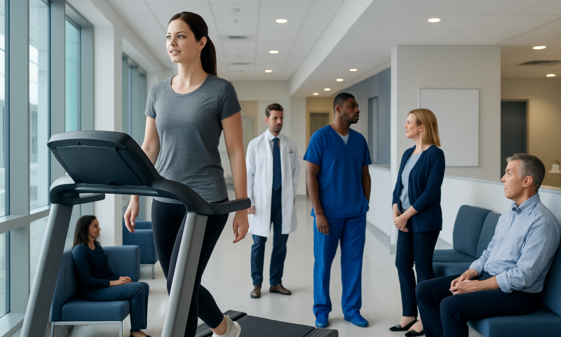 Woman walking on treadmill in hospital corridor with medical staff nearby.