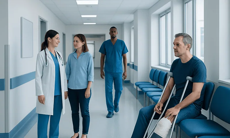 Patient with leg injury waiting in hospital corridor with medical staff nearby.