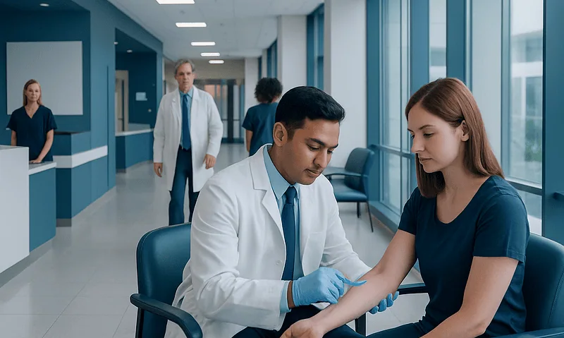 TSH Blood Test Explained: Reference Ranges and What Affects Them 8 Doctor performing a blood test on a patient in a hospital corridor.
