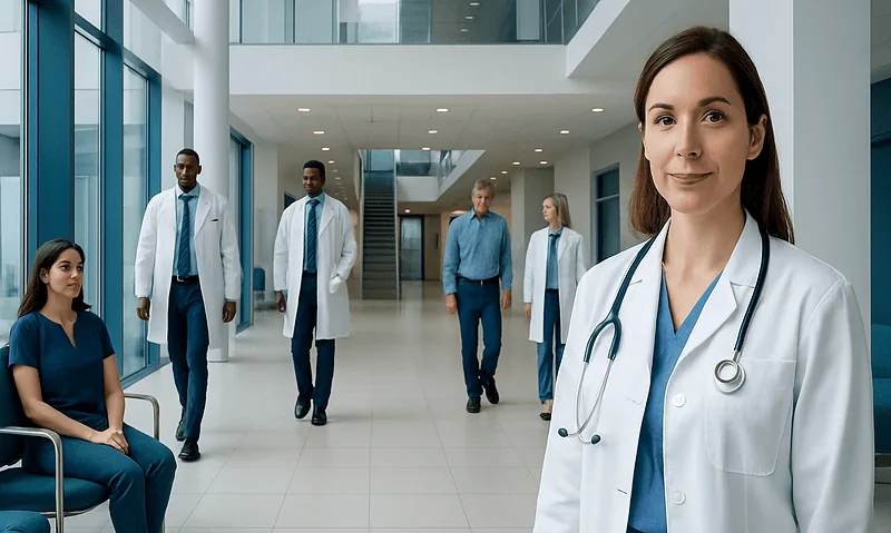 Medical team in hospital lobby with a female doctor in foreground.