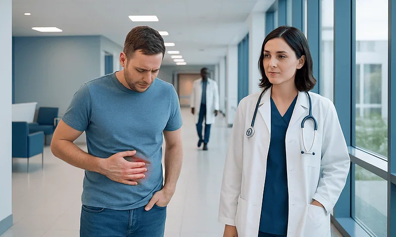 Patient with stomach pain consulting a doctor in hospital corridor.