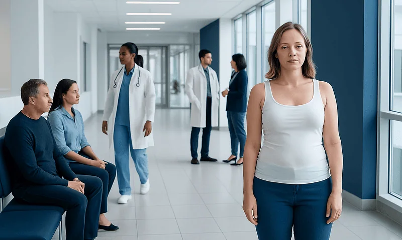 Patient waiting in hospital corridor with medical staff in background.