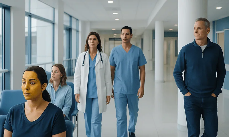 Medical team and patient in hospital corridor at Acibadem Hospitals Group.