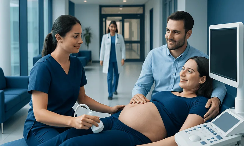 Pregnant woman undergoing ultrasound at Acibadem Hospital with medical staff present.