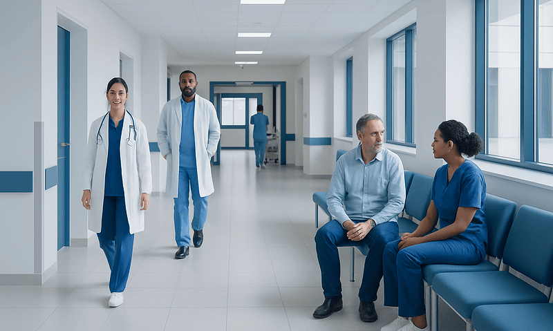 Healthcare professionals and a patient in a hospital corridor.
