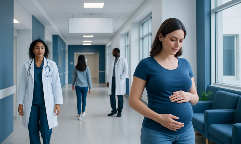 Pregnant woman in hospital corridor with medical staff in background.