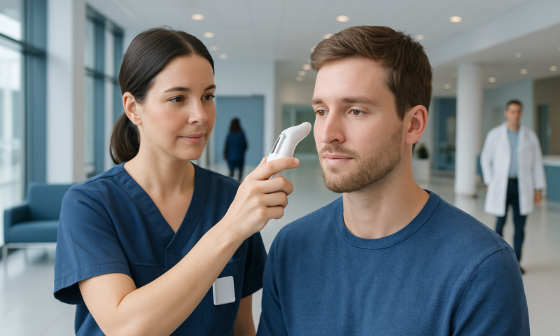 Healthcare professional using tympanic thermometer on patient in hospital.