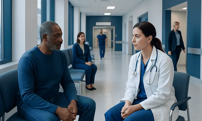 Doctor consulting with a patient in a hospital corridor.