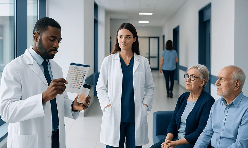 Urine blood sugar levels chart: Common Causes, Warning Signs, and When to See a Doctor 6 Doctors discussing patient care in a hospital corridor.