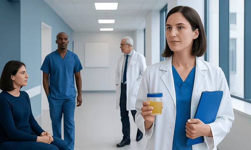 Medical professional holding urine sample in hospital corridor.