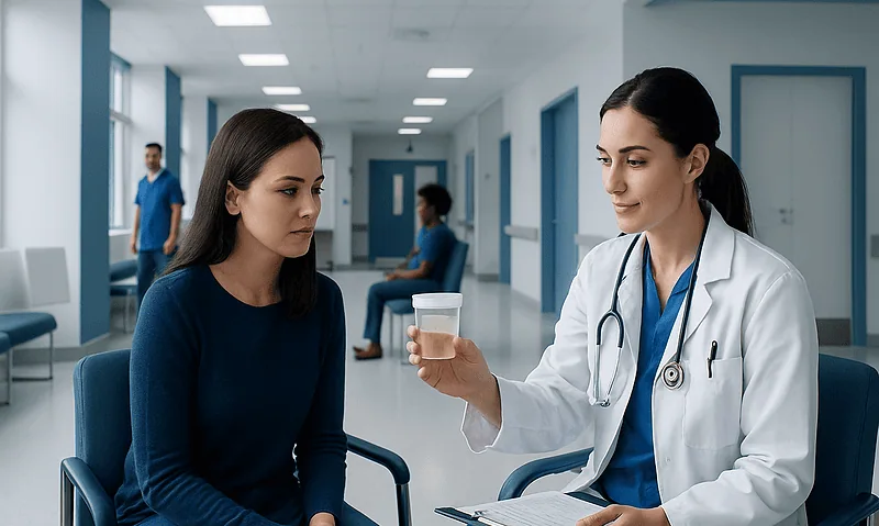 Doctor explaining urine sample test to a patient in hospital corridor.