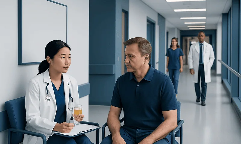Doctor consulting patient in hospital corridor with medical staff in background.