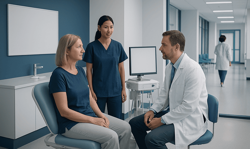 Doctor consulting with a female patient in a modern hospital corridor.