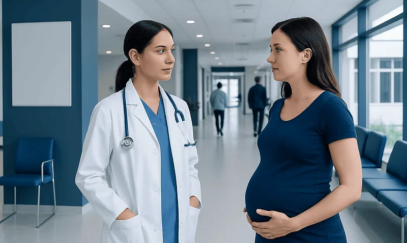 Pregnant woman consulting with a doctor in a hospital corridor.