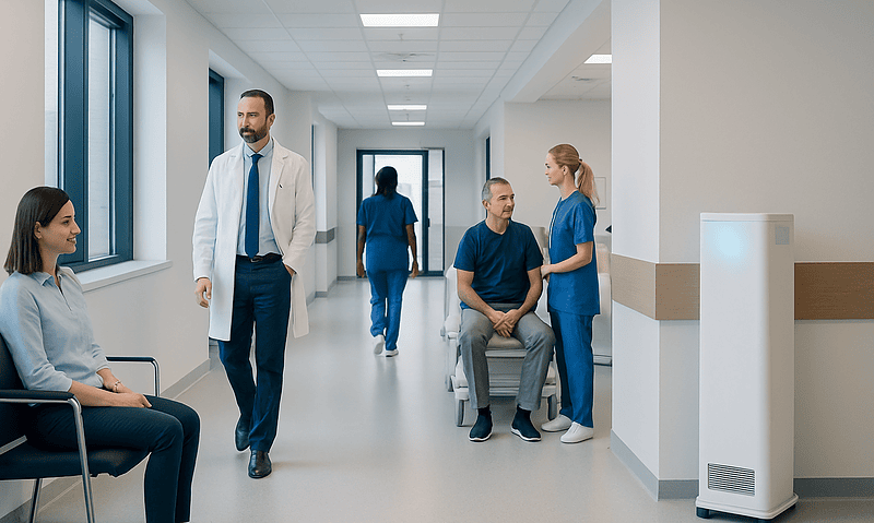 Hospital corridor with doctors and patients in a modern healthcare facility.