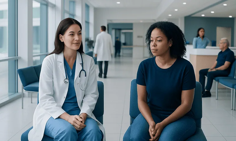Doctor consulting with a patient in a modern hospital waiting area.