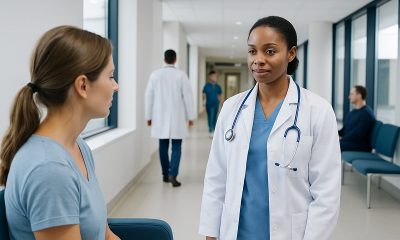Doctor talking to patient in hospital corridor with medical staff in background.