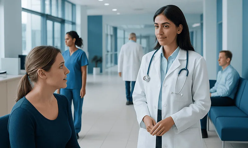 Doctor consulting patient in hospital corridor with medical staff in background.