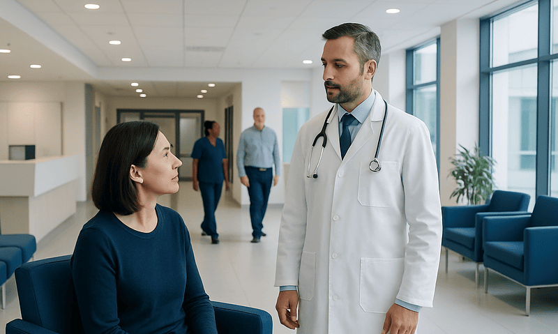 Vascular neurologist consulting with a patient in a hospital corridor.