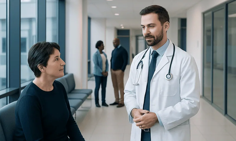 Vascular neurologist consulting patient in hospital corridor.