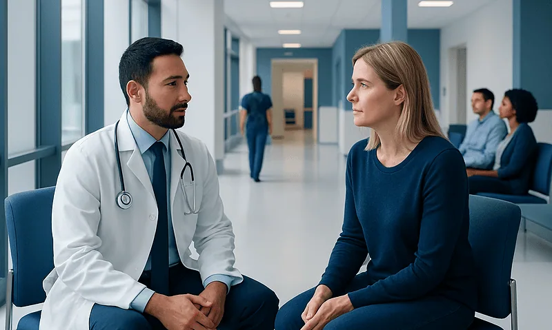 Vascular neurologist consulting with a female patient in hospital corridor.