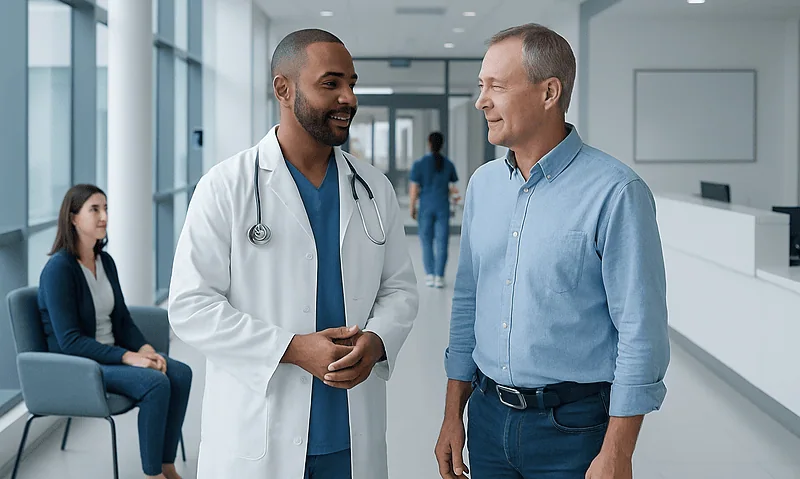 Vascular surgeon consulting with a patient in a modern hospital corridor.