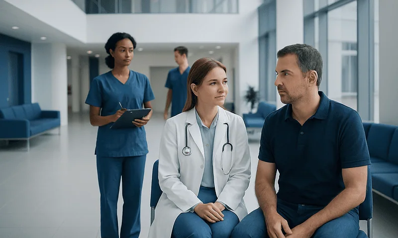 Doctor consulting with patient in hospital lobby with nurse in background.