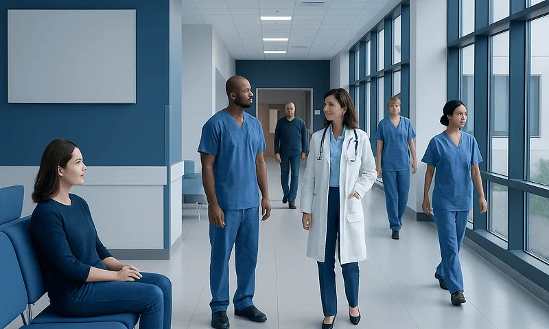 Medical team walking in hospital corridor with patient sitting nearby.