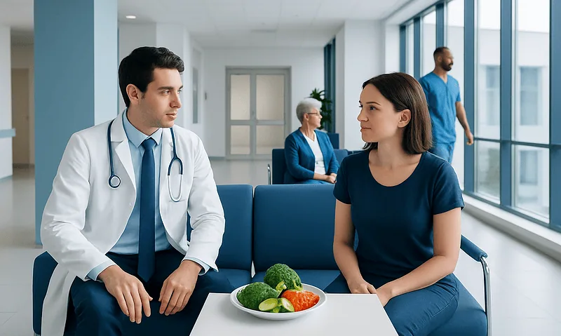 Doctor consulting a patient in a modern hospital corridor.
