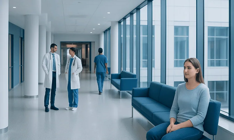 Patient waiting in hospital corridor with medical staff nearby.