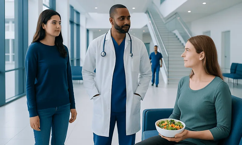 Doctor discussing health with female patient in hospital lobby.