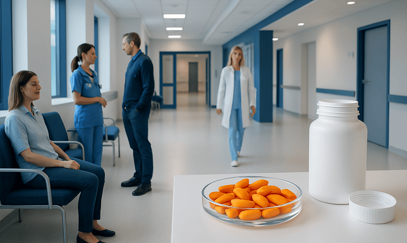 Hospital corridor with staff and patients, vitamin C supplements on table in foreground.