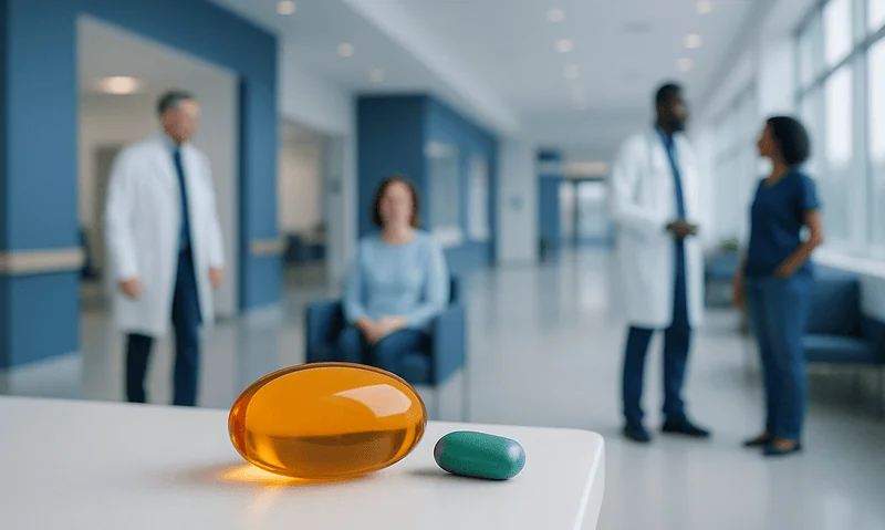 Vitamin E supplement capsules in a hospital setting for health and wellness.