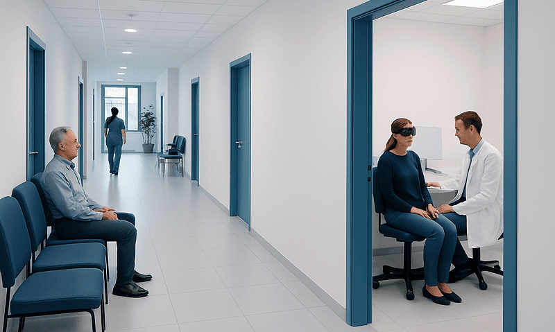Health Library 6 Medical consultation in a modern hospital corridor with patients and staff.