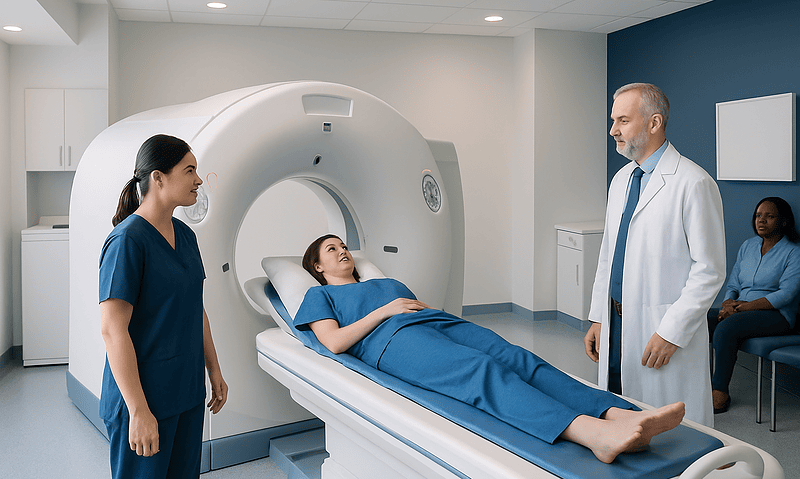 Patient undergoing a CT scan in a modern medical facility with healthcare professionals present.