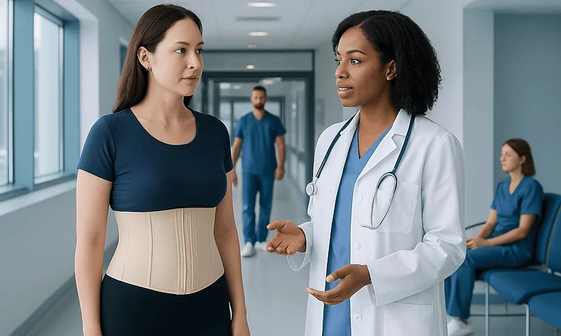 Doctor explaining waist trainer benefits to patient in hospital corridor.