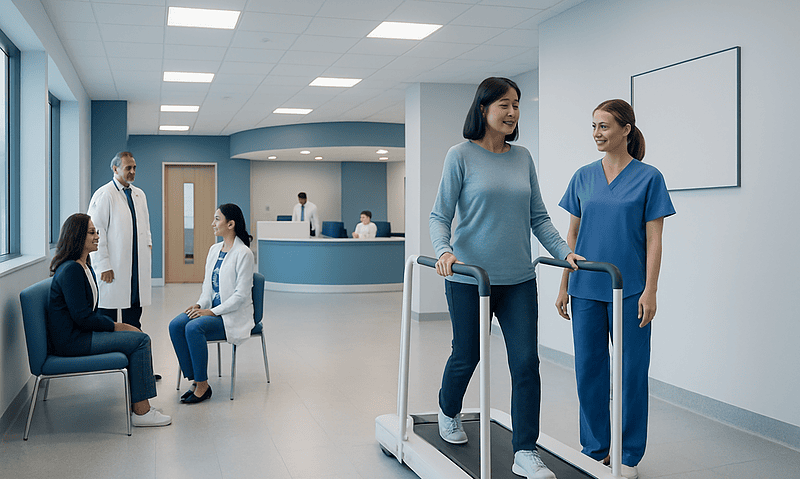 Patient walking with support in a modern hospital corridor.