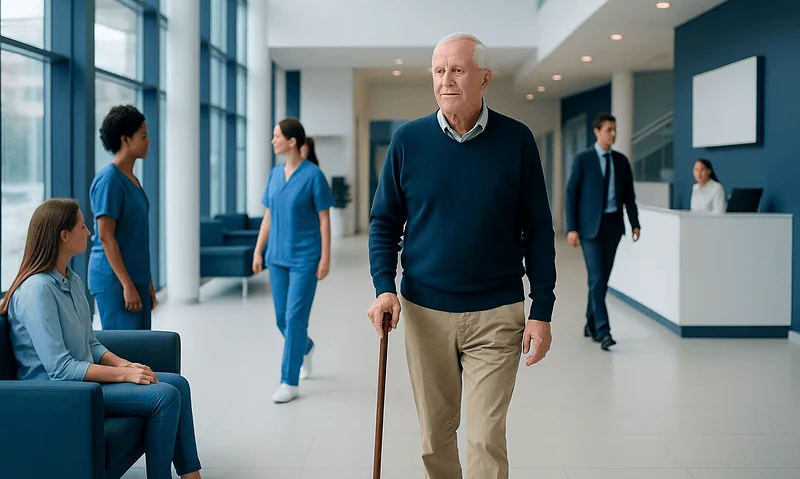 Elderly man with a walking stick in a hospital lobby with staff and patients.