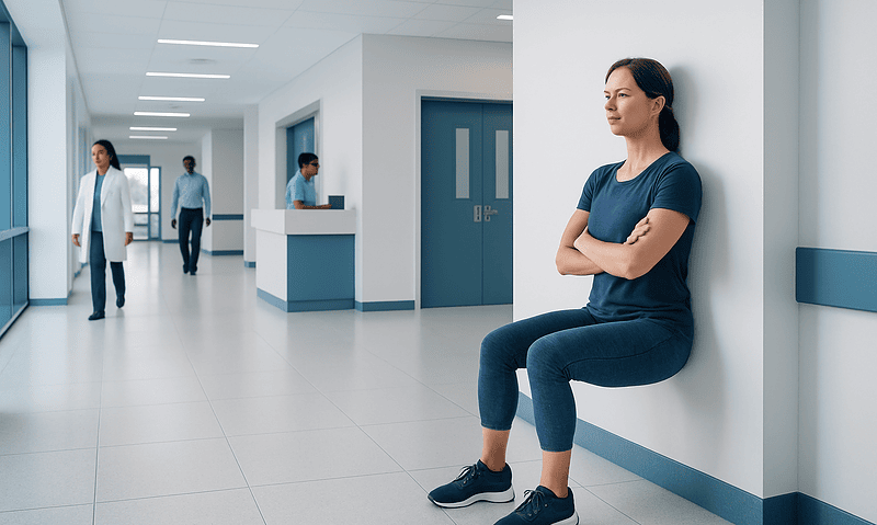 Woman sitting against hospital wall in a medical facility corridor.