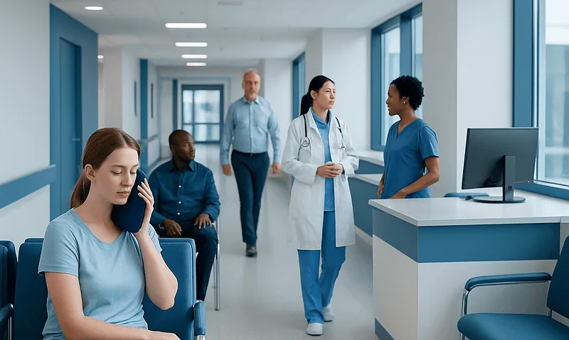 Patients and medical staff in a hospital corridor with a reception desk.