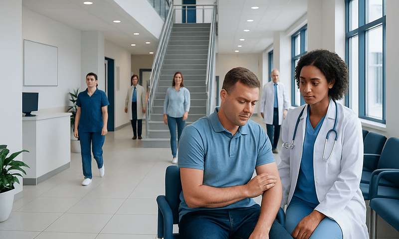 Patient receiving medical consultation in a modern hospital lobby.