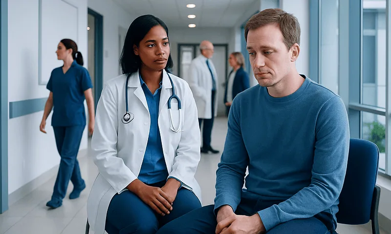 Doctor consulting a patient in a hospital corridor with medical staff in background.