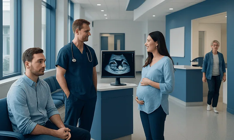 Pregnant woman with ultrasound doctor and staff in hospital corridor.