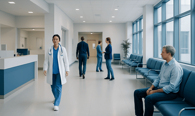 Healthcare professionals and patients in a modern hospital corridor.