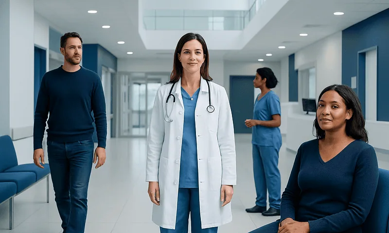 Healthcare professionals and a doctor in a modern hospital corridor.