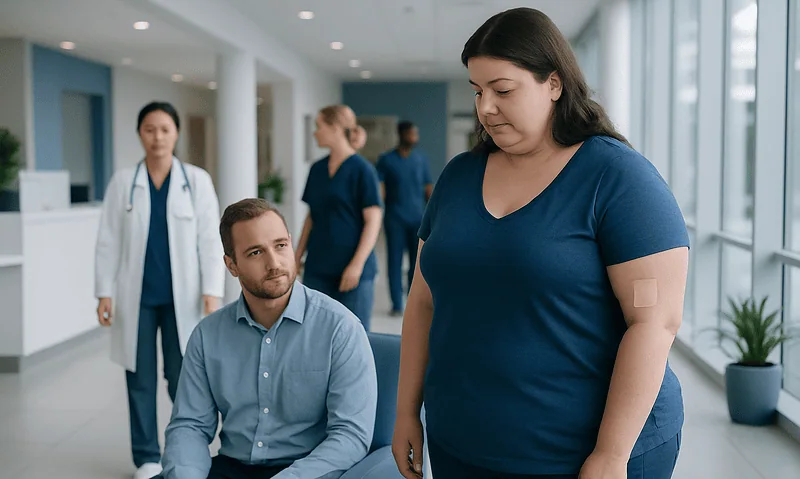 Woman receiving medical consultation in a hospital corridor.